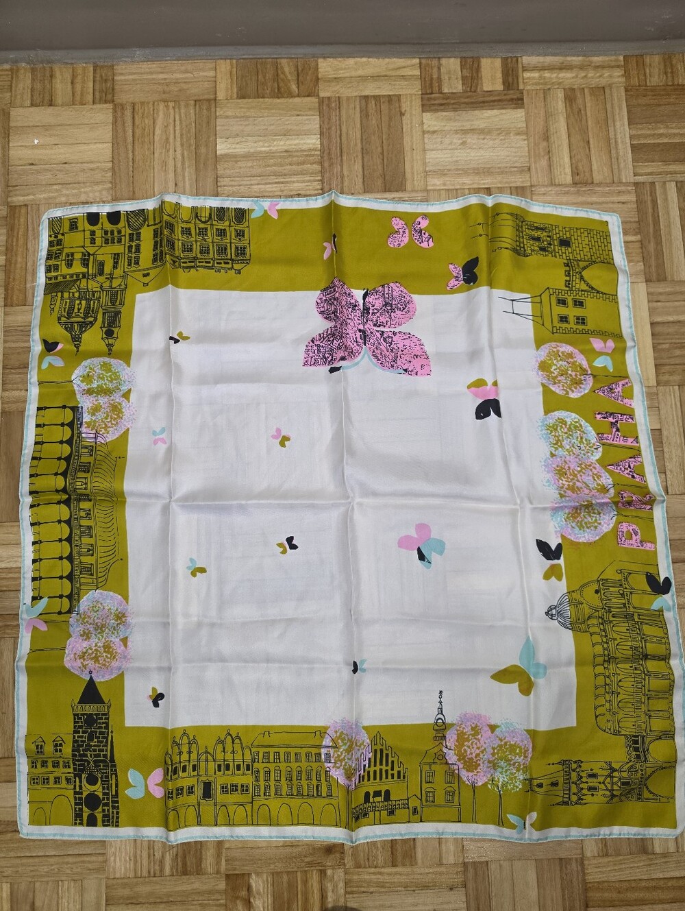 Floral Butterfly Scarf with Cityscape Border